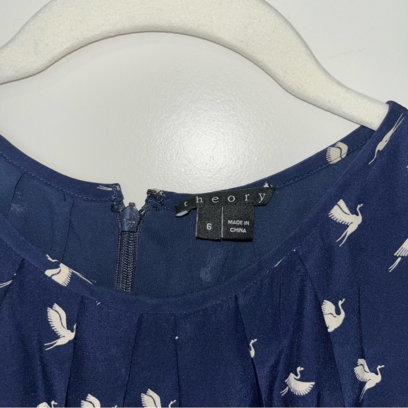 Theory Navy 100% Silk Dress with White Crane Bird Design - Picture 2 of 5